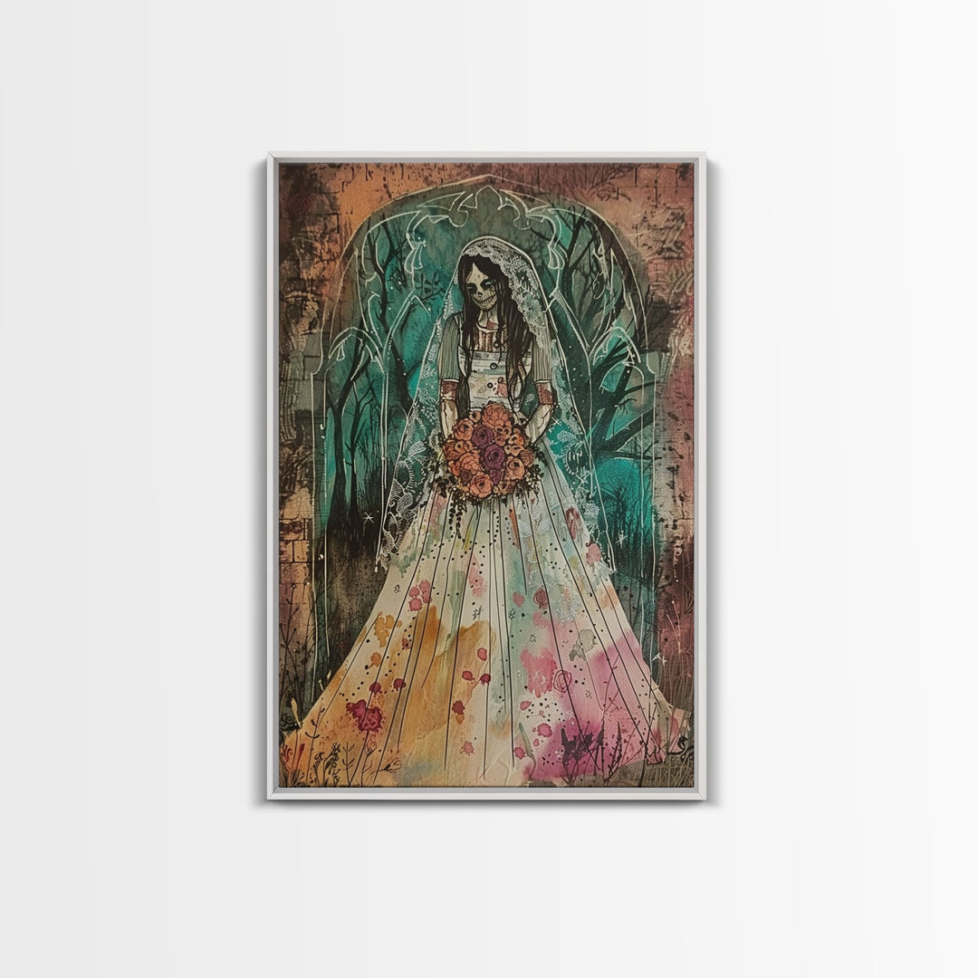 Skeleton Bride with Floral Bouquet Framed Canvas Print | Halloween Bride Art | Spooky Bride Decor for Home | Macabre Halloween Artwork