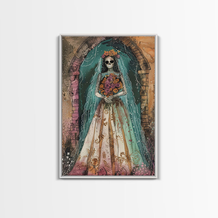 Skeleton Bride in Floral Arch Framed Canvas Print | Halloween Bride Art | Spooky Bride Decor for Home | Gothic Wedding Artwork