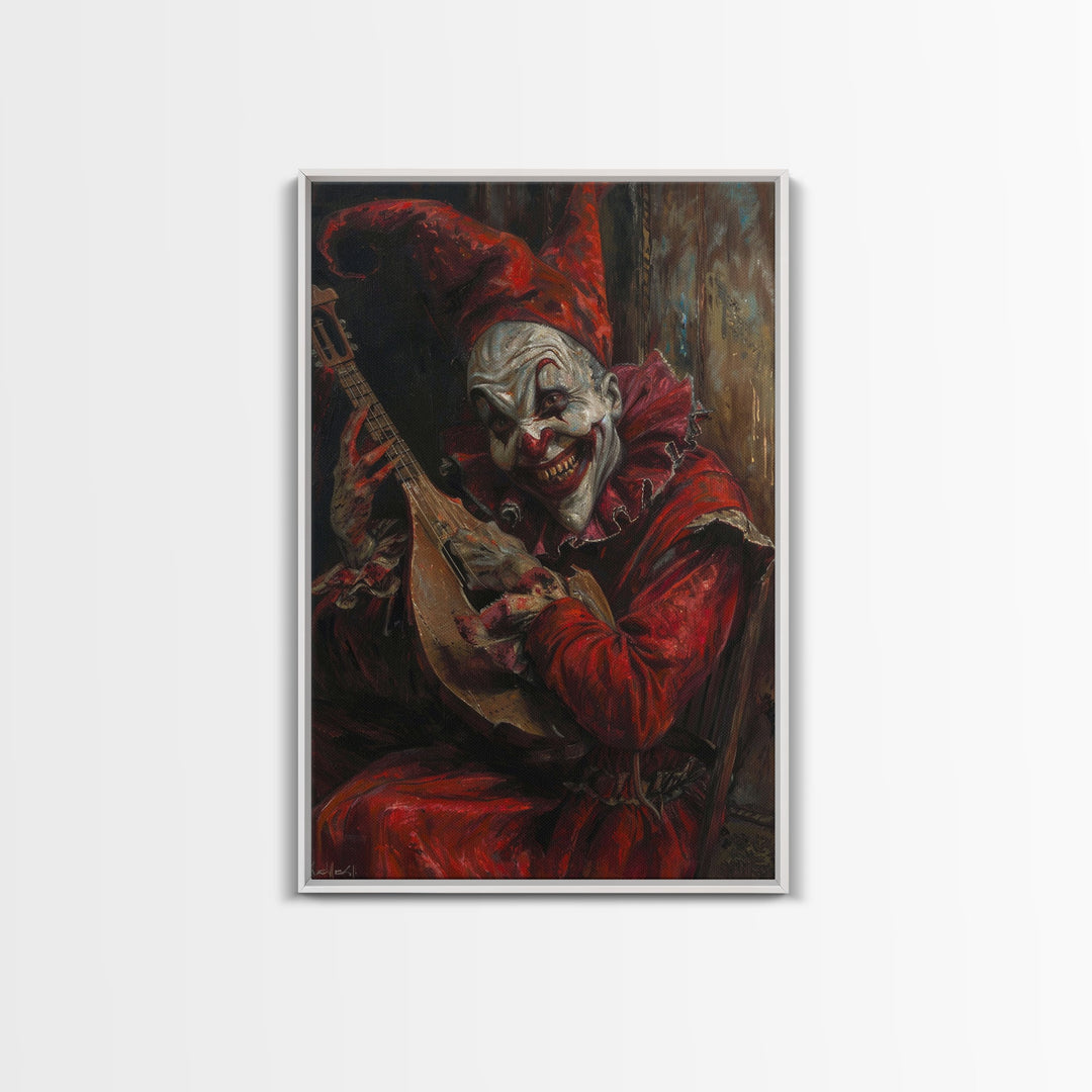 Sinister Clown with Blood-Stained Mandolin | Halloween Wall Art | Spooky Home Decor | Creepy Clown Mandolin Painting | Framed Canvas Print