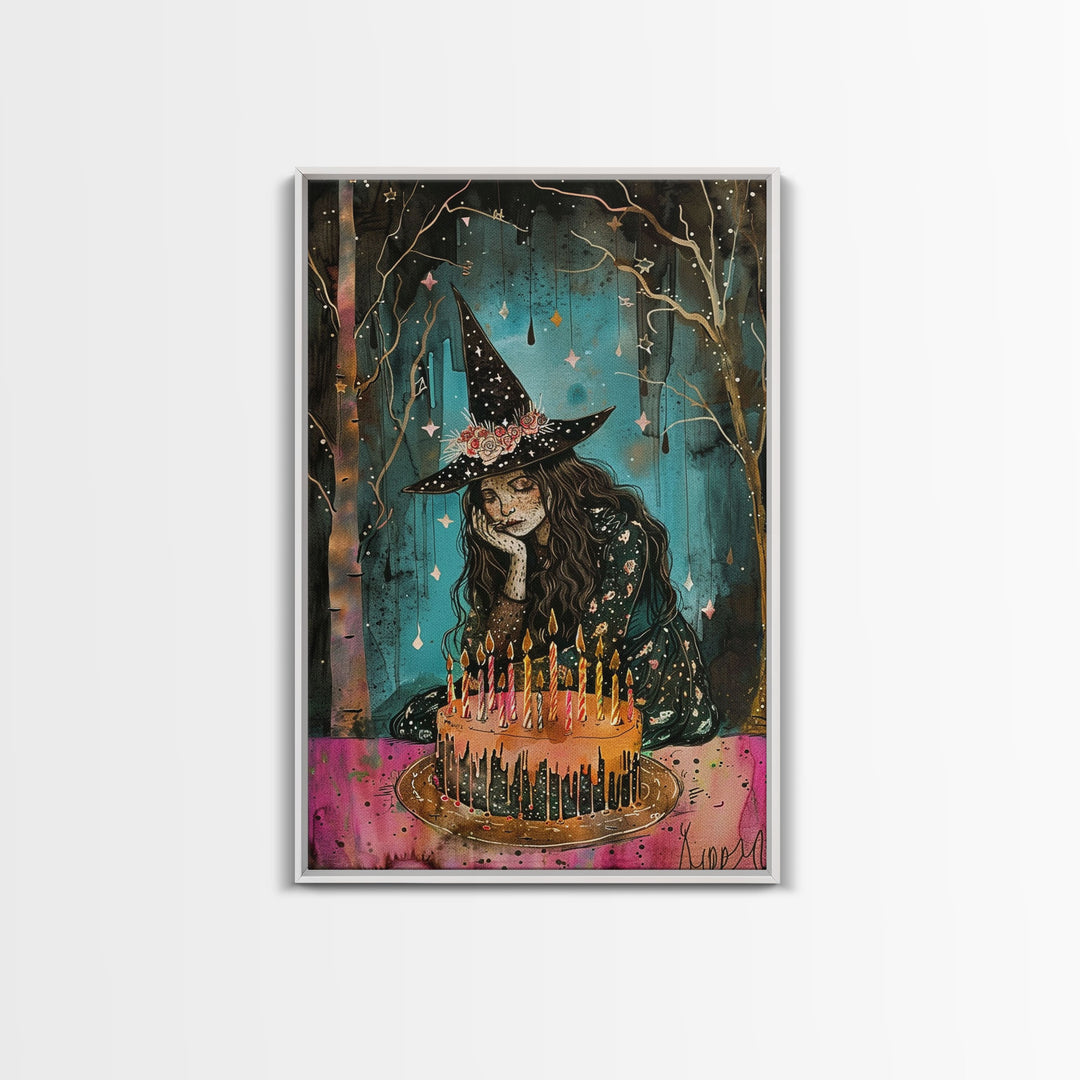 The Sad Birthday Witch, Witch With Birthday Cake Framed Canvas Print, Melancholy, Halloween Decor, Witchy Art, Cottagecore Decor