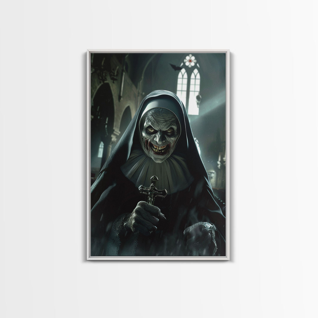 Sinister Nun with Crucifix in Haunted Church - Scary Halloween Themed Framed Canvas Print, Creepy Gothic Home Wall Decor