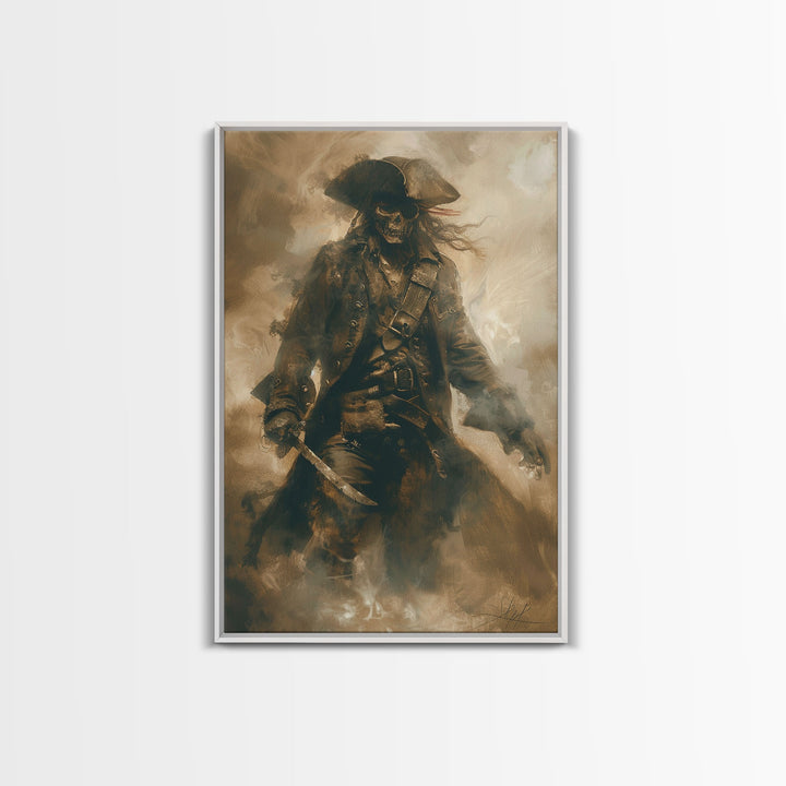 Skeleton Pirate Wielding Sword on Ghost Ship - Haunted Halloween Adventure Framed Canvas Print, Mysterious Gothic Wall Decor