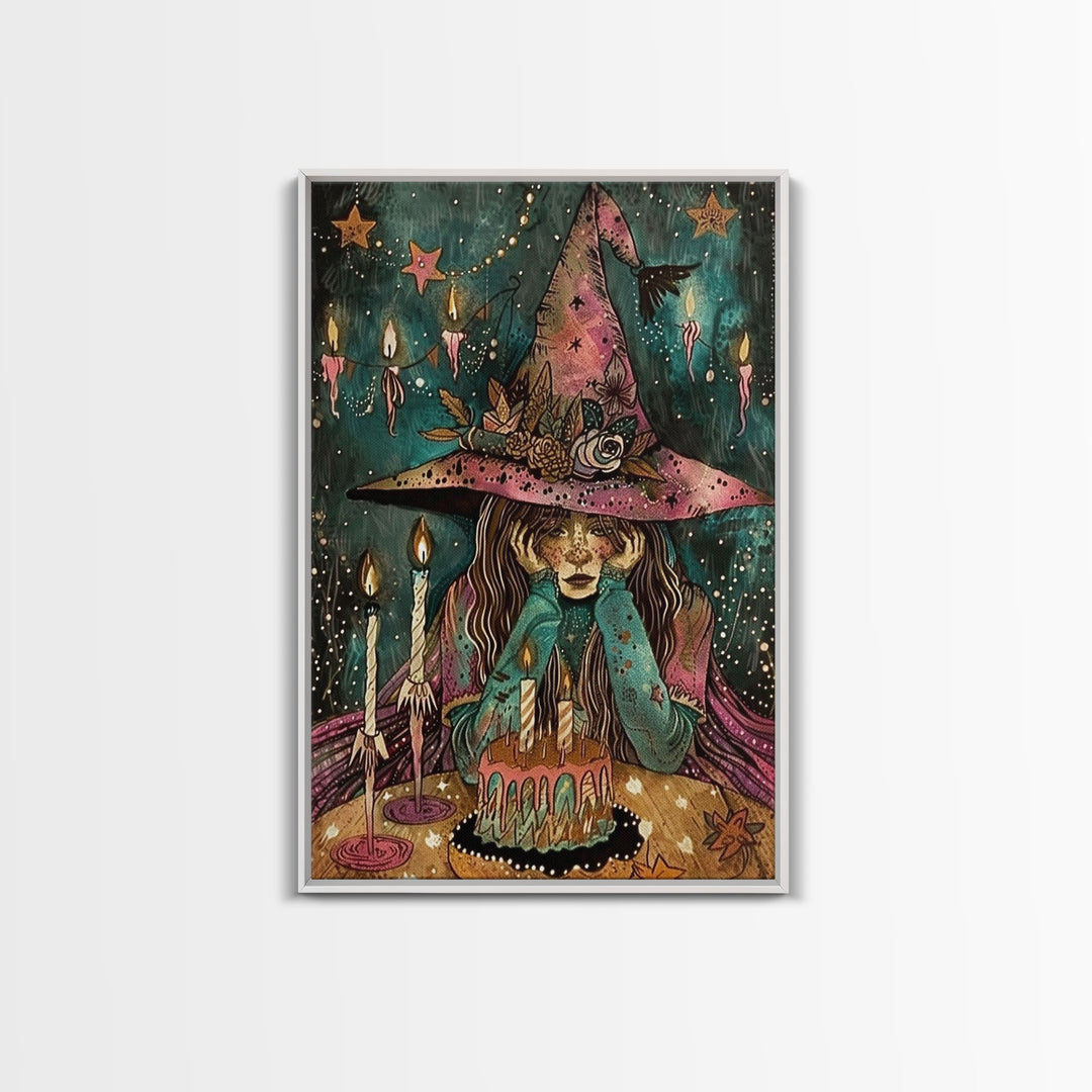 The Sad Birthday Witch, Witch With Birthday Cake Framed Canvas Print, Melancholy, Halloween Decor, Witchy Art, Cottagecore Colorful Art