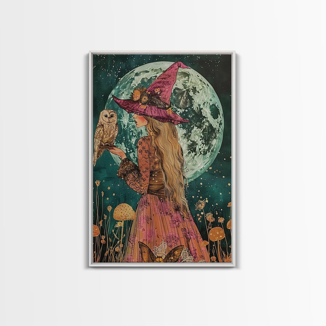 Witch in Purple Hat with Owl - Moonlit Enchantment Mystical Beauty Framed Canvas Print, Halloween Witch Decor