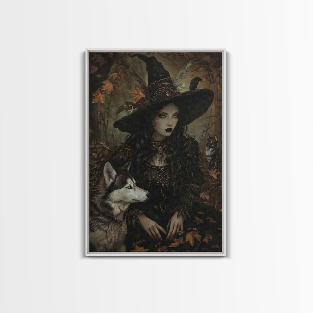 Witch with Wolves in Enchanted Forest - Dark Sorcery Mystical Art Framed Canvas Print, Halloween Gothic Decor