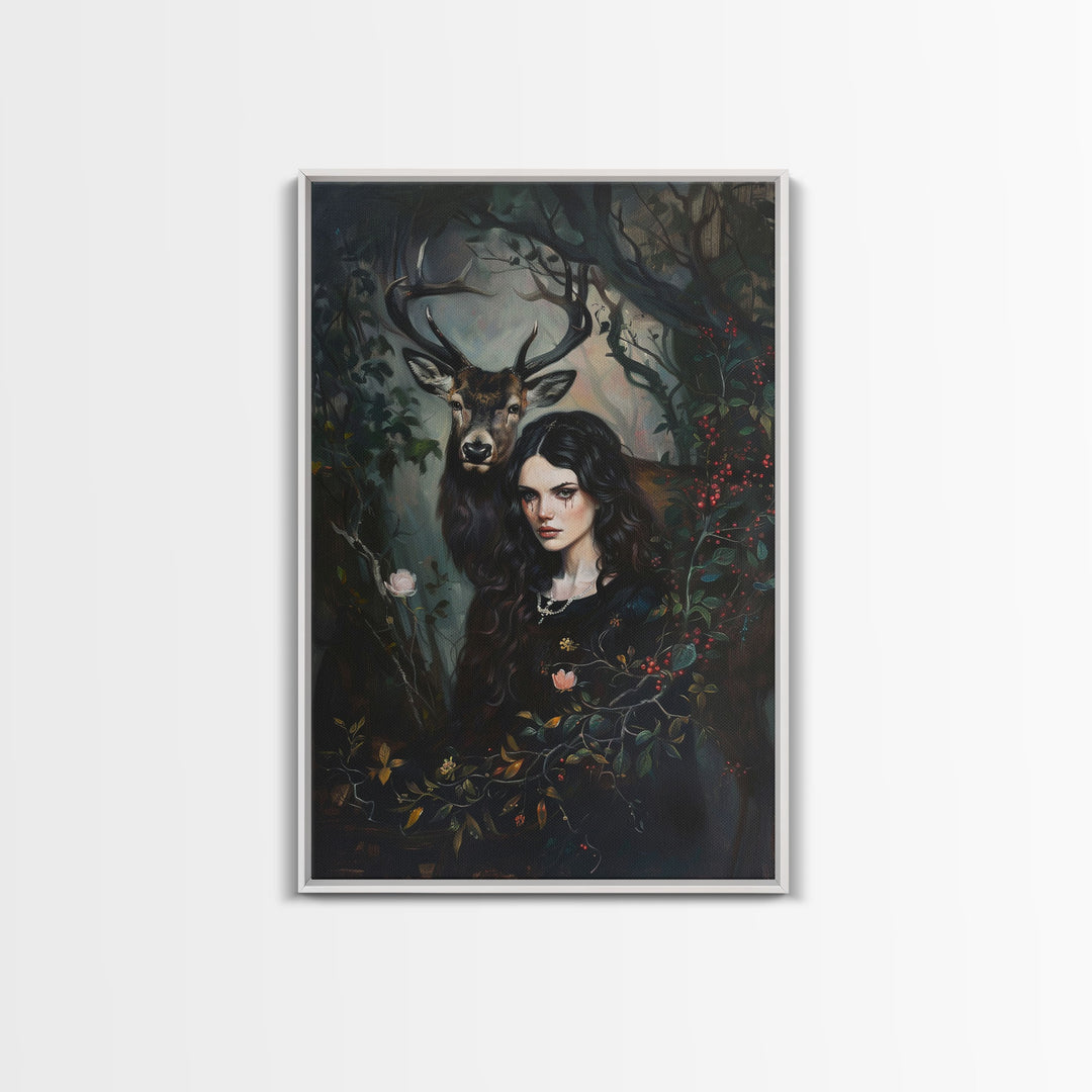 Woman with Deer in Enchanted Forest - Halloween Art, Gothic Art, Spooky Decor, Sinister Portrait, Haunted Forest, Framed Canvas Print