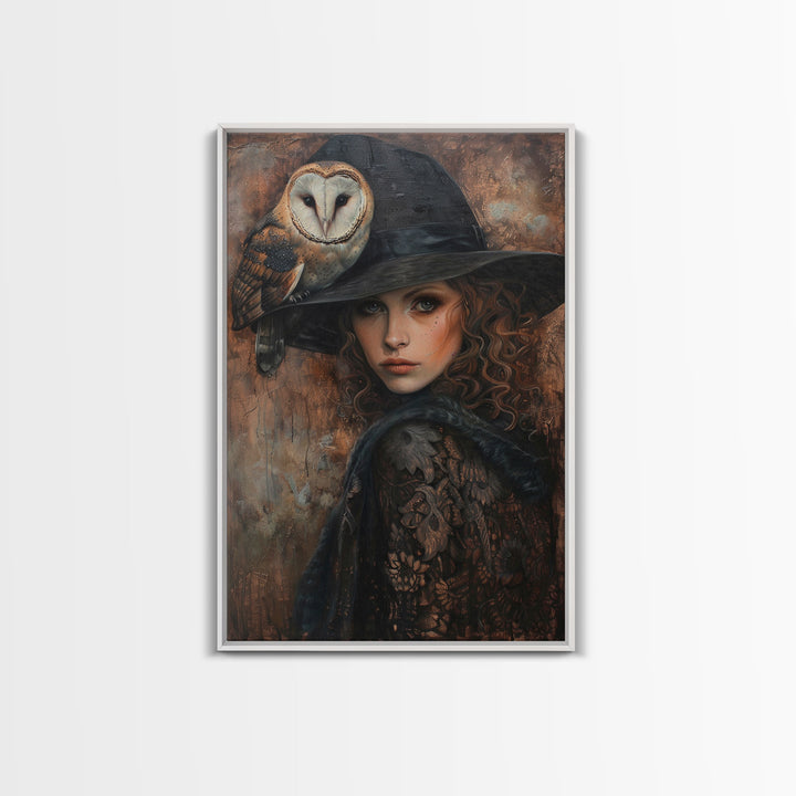 Witch with Crow in Spooky Forest - Halloween Art, Gothic Art, Spooky Decor, Dark Magic Art, Mysterious Portrait, Framed Canvas Print