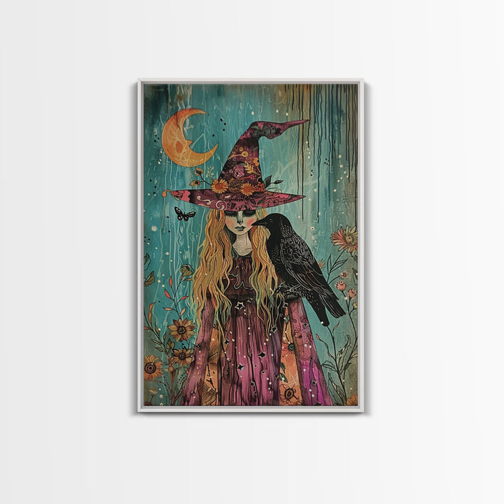 Witch with Owl in Magical Forest - Halloween Art, Gothic Art, Spooky Decor, Dark Magic Art, Enchanted Woods, Framed Canvas Print