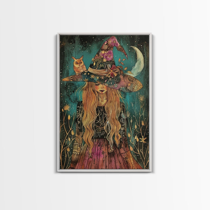 Witch with Black Cat and Moon - Halloween Art, Gothic Art, Spooky Decor, Dark Magic Art, Ominous Portrait, Moonlit Night Framed Canvas Print