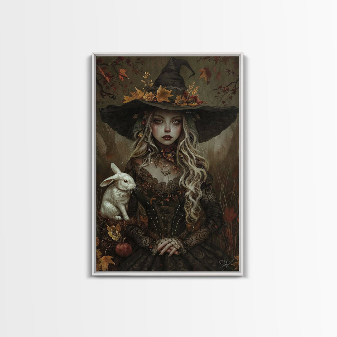 Summertime Witch Framed Canvas Print, Halloween Decor, Cottagecore Witchy Spooky Vibes