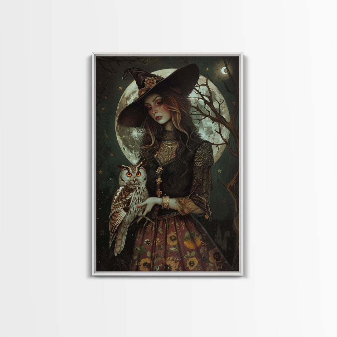 Witch Holding Owl Canvas Print - Halloween Art, Spooky Home Decor, Wall Art, Witch Painting, Halloween Decor, Framed Canvas Print