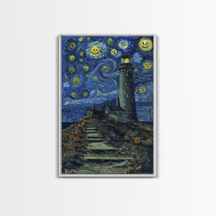 Starry Night Inspired Haunted Light House Framed Canvas Print, Van Gogh Inspired, Spooky Season Halloween Art