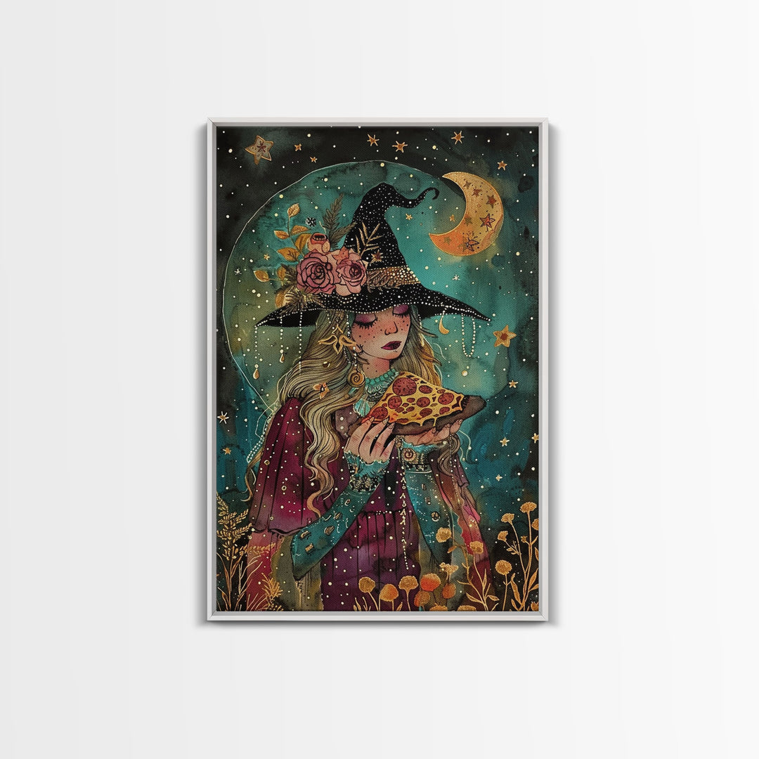 Summer Witch and Her Slice Of Pizza, Framed Canvas Print, Cute / Funny Halloween Art