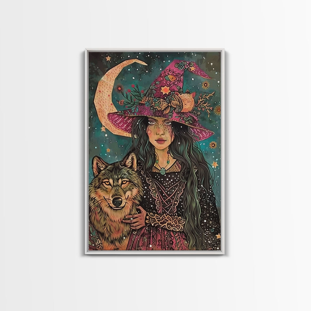 Spooky Halloween Witch Wall Art, Framed Canvas Prince, Halloween Decor, Halloween Gift, Spooky Season, Cottage Core Witch and Wolf Familiar