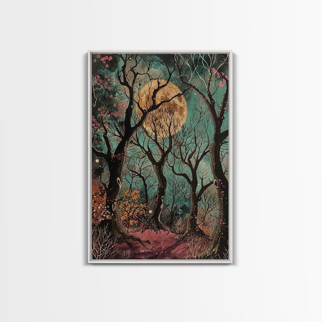 Witchy Woodland Path Framed Canvas Print, Halloween Enchanted Forest Art, Spooky, Haunted Path Decor, Mystical Artwork, Framed Canvas Print