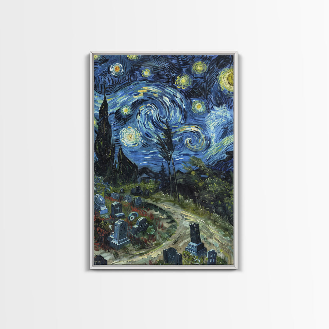 Starry Night Inspired Haunted Cemetary, Haunted Grave Yard, Spooky Season Wall Art, Halloween Decor