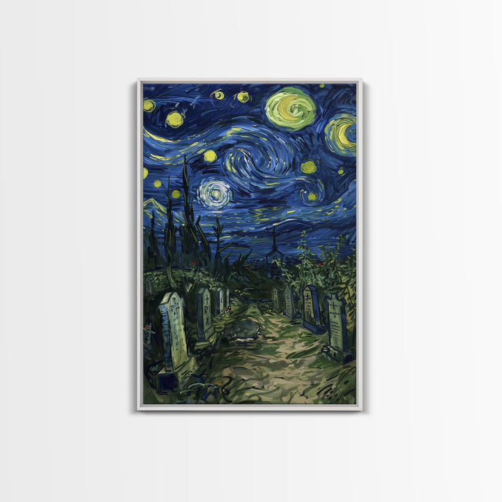 Starry Night Cemetery Framed Canvas Print, Halloween Wall Art, Gothic Art, Spooky Graveyard Decor, Van Gogh Style, Halloween Wall Decor