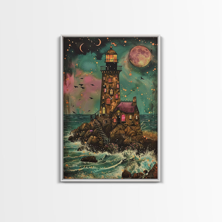 The Haunted Light House Framed Canvas Print, Retro Style Halloween Decor, Cottage Core Halloween Art