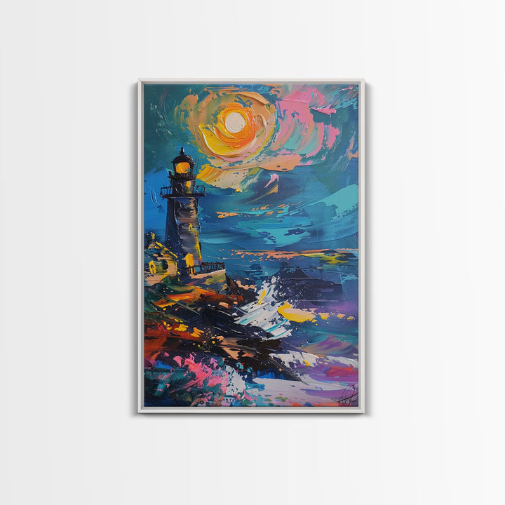 The Haunted Light House Framed Canvas Print, Impasto Style Halloween Decor, Cottage Core Halloween Art