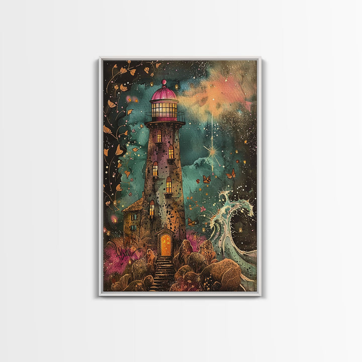 The Haunted Light House Framed Canvas Print, Retro Style Halloween Decor, Cottage Core Halloween Art