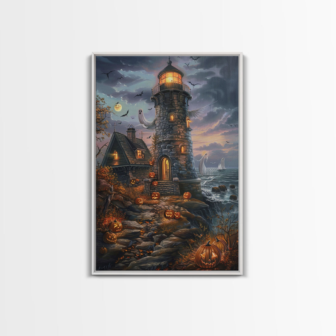 The Haunted Light House Framed Canvas Print, Impasto Style Halloween Decor, Cottage Core Halloween Art