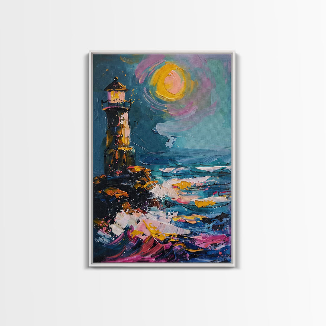 The Haunted Light House Framed Canvas Print, Retro Style Halloween Decor, Cottage Core Halloween Art