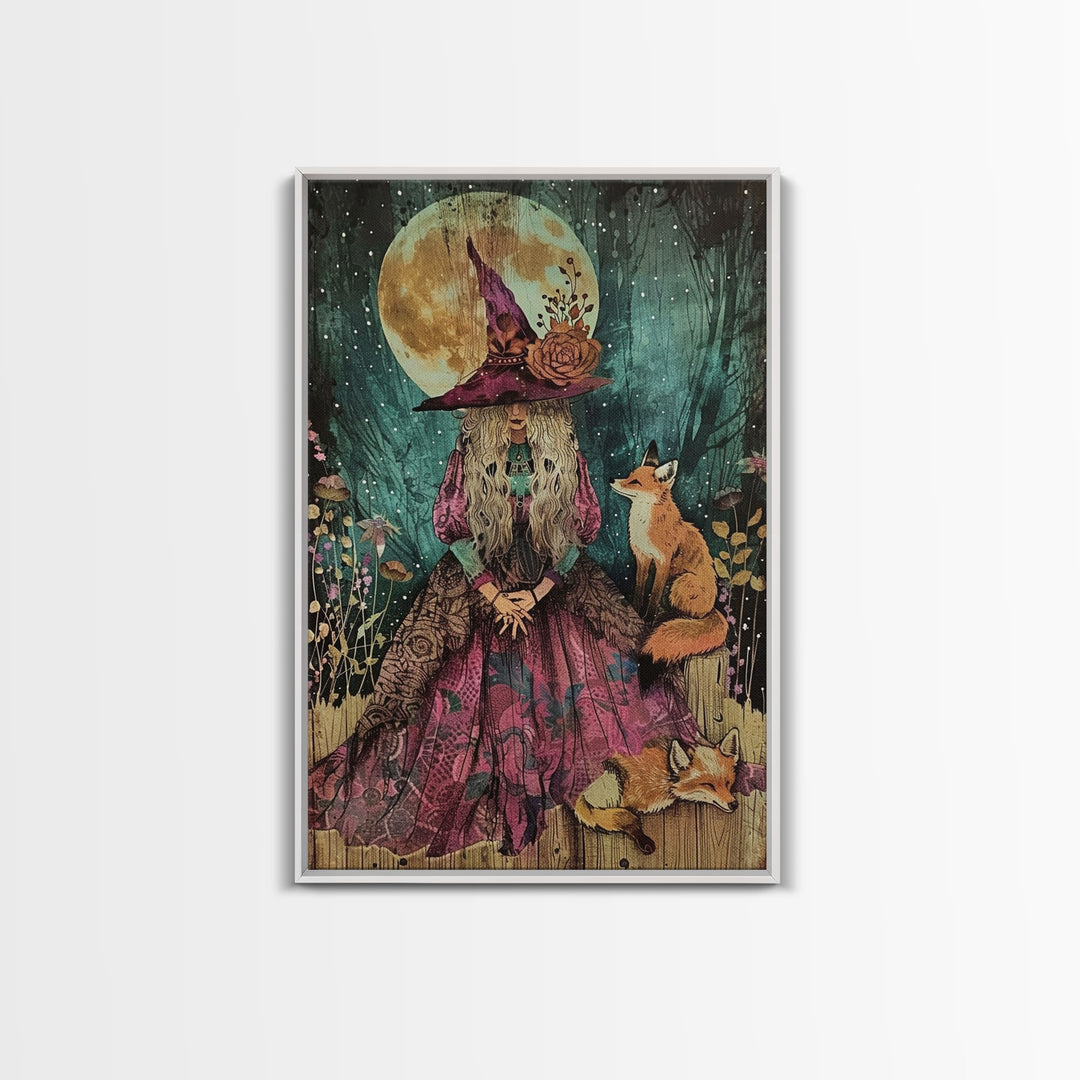 Spooky Halloween Witch Wall Art, Framed Canvas Prince, Halloween Art, Halloween Gift, Spooky Season, Cottage Core Witch and Fox Familiar