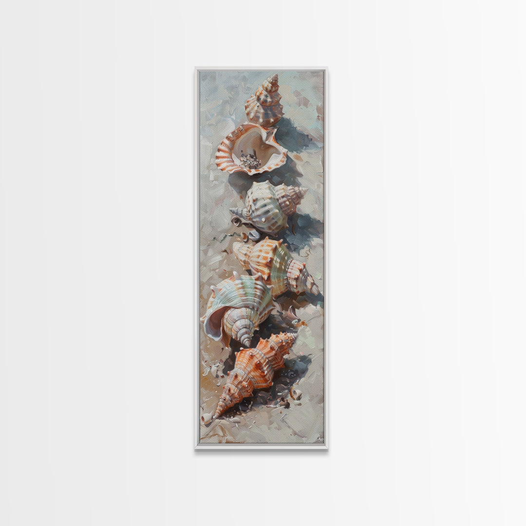 Vertical Printed Canvas Art of Seashells on Coast, Coastal Wall Art Print for Beach House, Beachy Decor, Large Wall Art, Framed Canvas Art