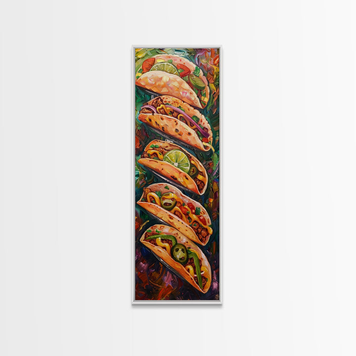 Taco Painting Framed and Printed on Canvas, Colorful Kitchen Wall Art, Mexican Inspired Food Art, Large Narrow Wall Art, Kitchen Decor