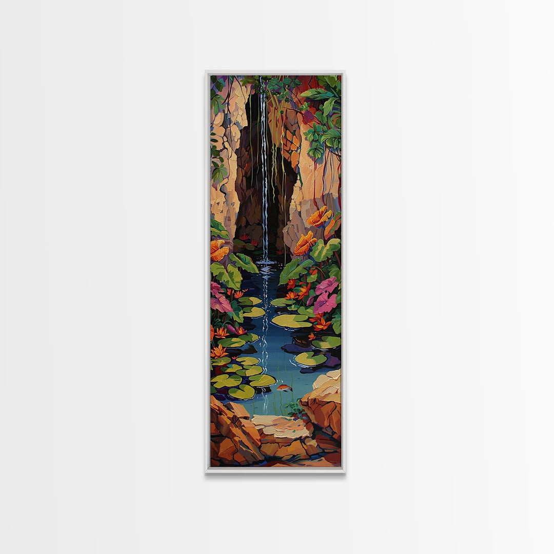 Whimsical Waterfall Canvas Painting Framed and Printed, Contemporary Art Print of Tropical Landscape, Botanical Wall Art Print, Nature Art