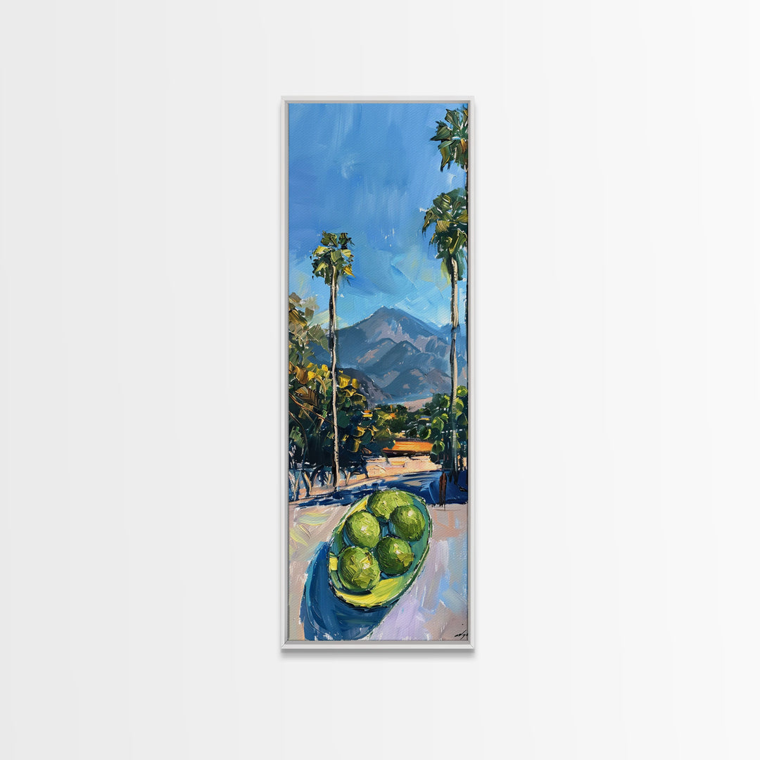 Tall and Narrow Palm Tree California Landscape Art Print Framed on Canvas, Printed Wall Art, Gouache Style Landscape Painting, Mountain Art