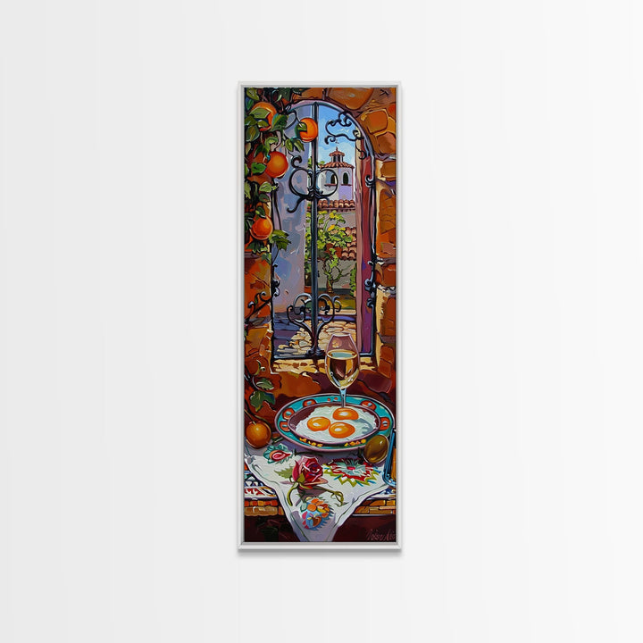 Oversized Mediterranean Style Cafe Painting Framed on Canvas, Whimsical Art, Vertical Wall Art, Spanish Style Cafe Painting, Kitchen Art