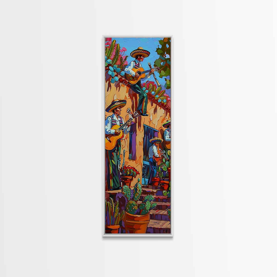 Tall and Narrow Mexican Style Mariachi Band Printed on Framed Canvas, Colorful Botanical Canvas Art, Maximalist Wall Art Print, Spanish Art