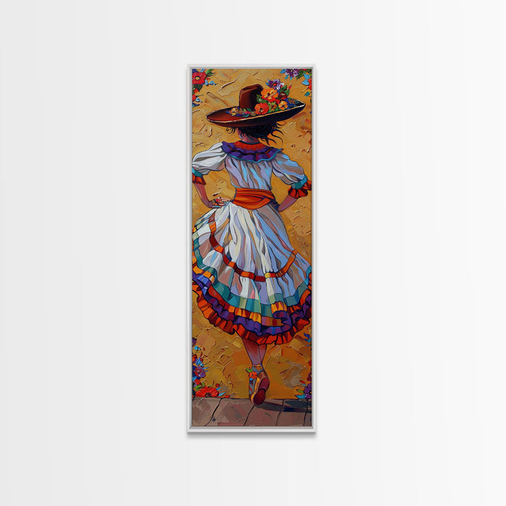 Textured Canvas Painting Print of Mexican Flamenco Dancer, Spanish Framed Art, Rustic Wall Art Print for Living Room, Oversized Vertical Art