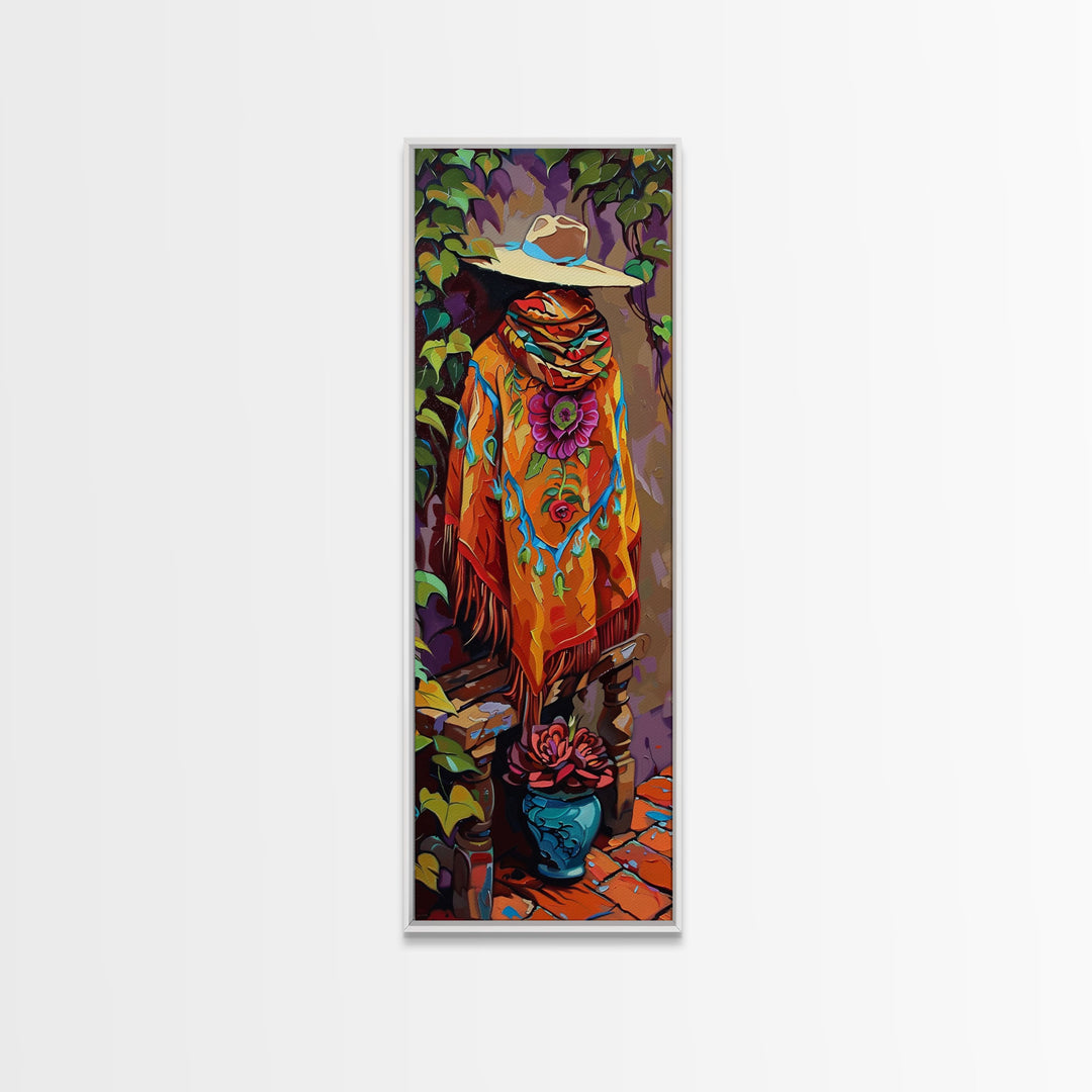 Abstract Southwest Mexican Inspired Framed Oversized Vertical Art Print, Jalisco Style Canvas Painting Framed, Colorful Rustic Spanish Art