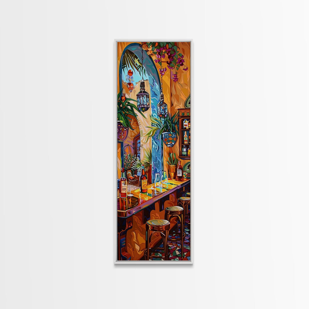 Spanish Inspired Bar Art Canvas Painting Framed, Still Life Art for Kitchen, Abstract Oil Painting, Vertical Framed Wall Art for Kitchen