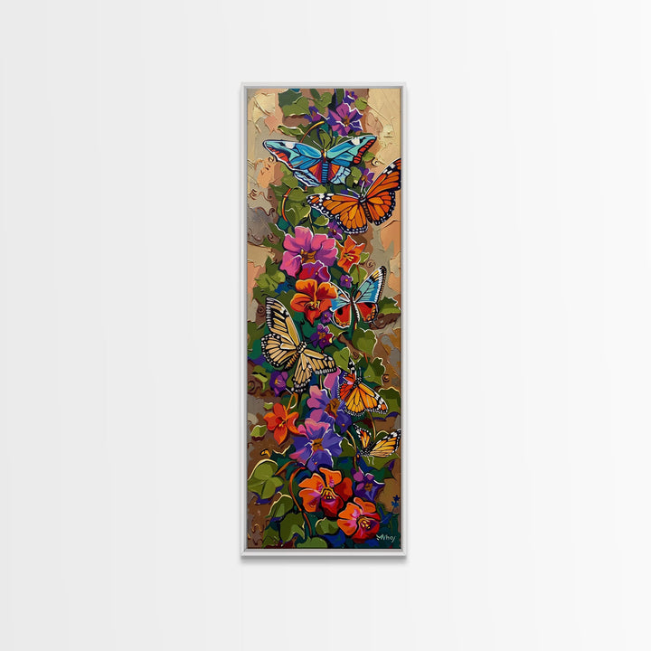 Colorful Abstract Framed Butterfly Canvas Art, Gouache Style Painting, Botanical Wall Art, Oversized Long Narrow Wall Art for Bedroom