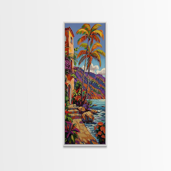 Impasto Painting of Capri Inspired Coast Framed on Canvas, Vertical Tall and Narrow Canvas Painting, Textured Coastal Beach Print, Tropical Art