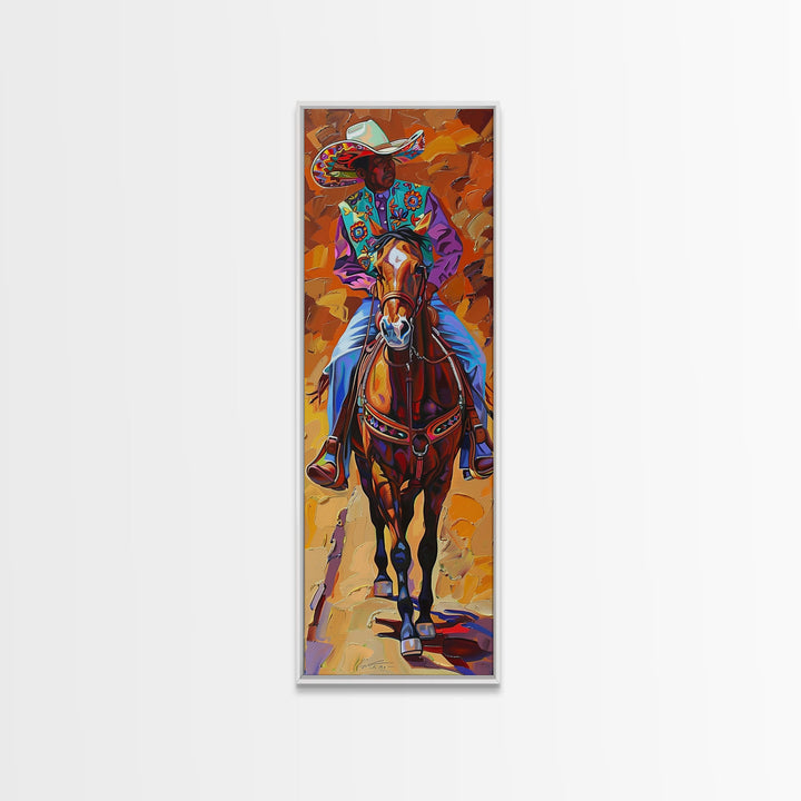 Vertical Acrylic Painting of Colorful Jalisco Cowboy Riding Horse Framed and Printed on Canvas, Mexican Inspired Wall Art for Living Room