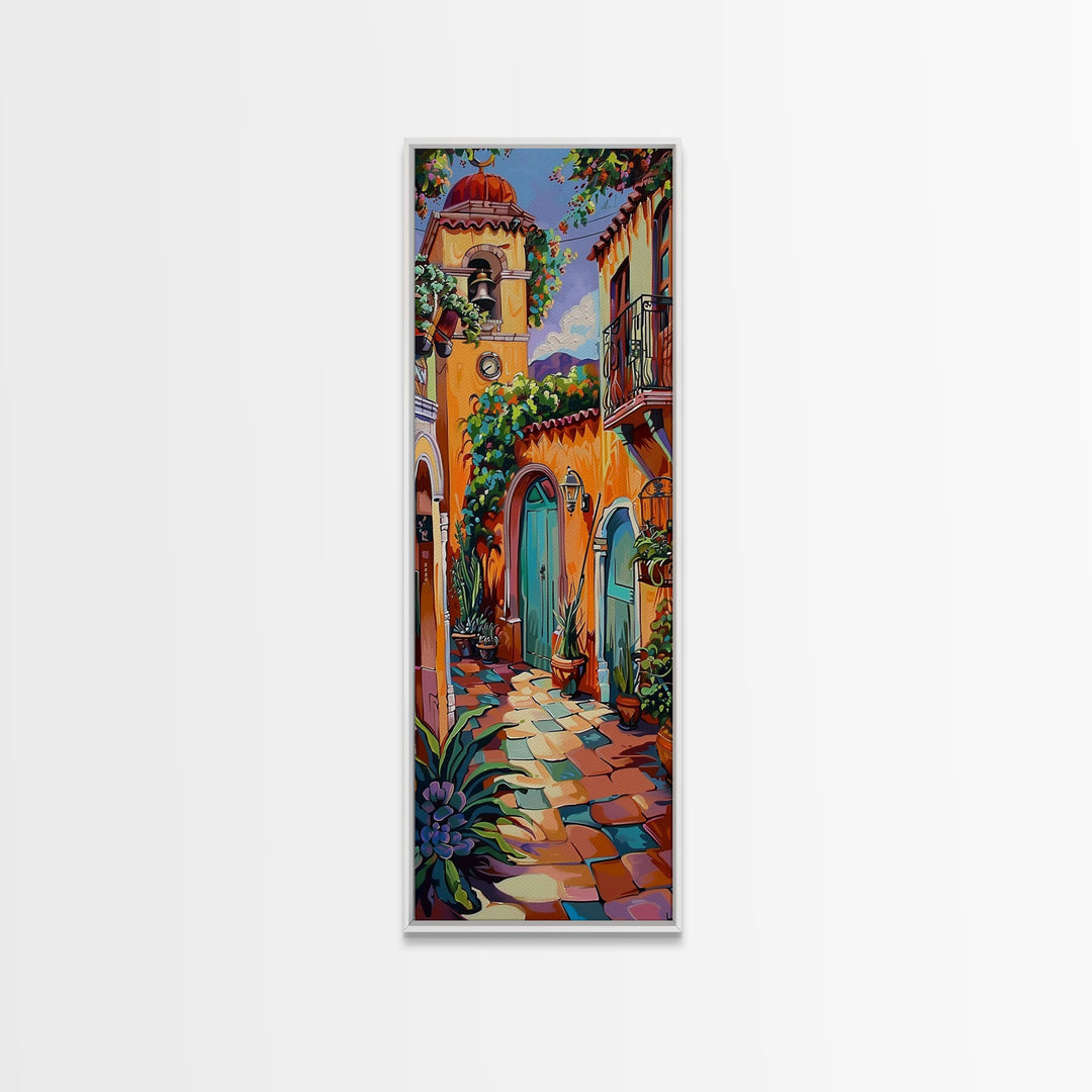 Rustic Colorful Mexican Inspired Hacienda Canvas Painting Framed, Spanish Wall Art Print, Vertical Tall and Narrow Wall Art for Large Space