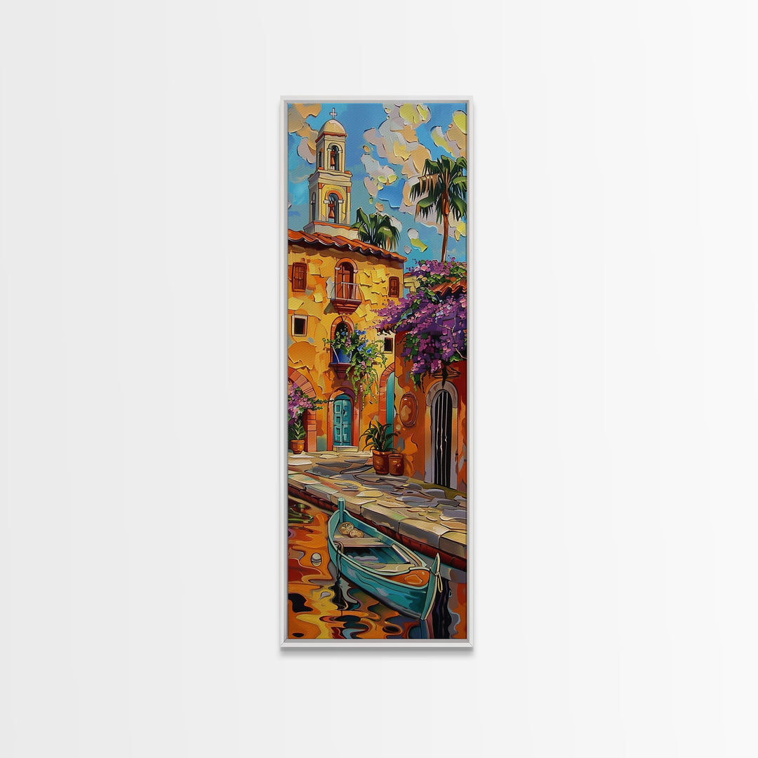 Vertical Impasto Painting Printed and Framed on Canvas, Rustic Venetian Inspired Art, Textured Wall Art for Office and Living Room