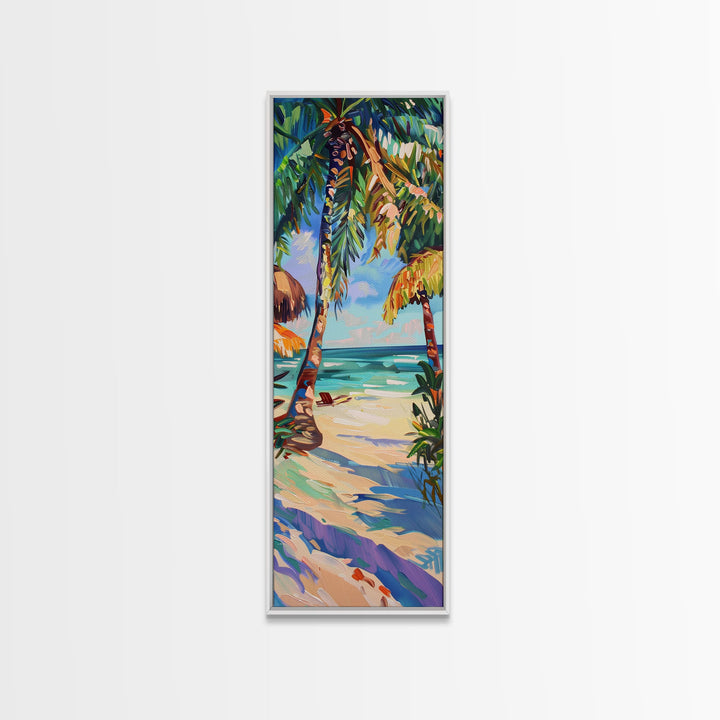 Tropical Wall Art Canvas of Ocean Landscape, Acrylic Gouache Style Canvas Art Framed and Printed, Long and Narrow Modern Abstract Art