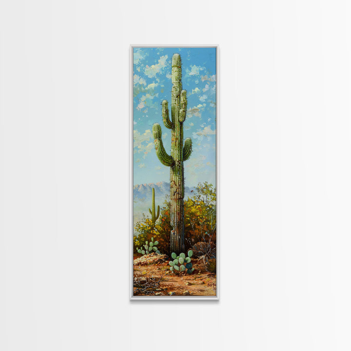 Framed Printed Acrylic Canvas Painting of Saguaro Cactus, Colorful Desert Art Print, Modern Western Wall Art Print, Office Wall Decor