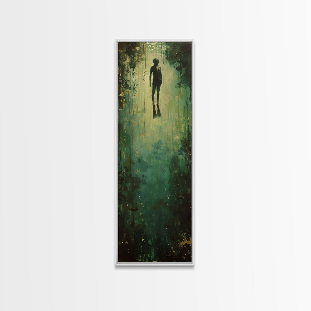 Abstract Canvas Painting of Underwater Diver, Modern Framed Wall Art, Dark Wall Art for Living Room, Tall and Narrow Wall Art Print