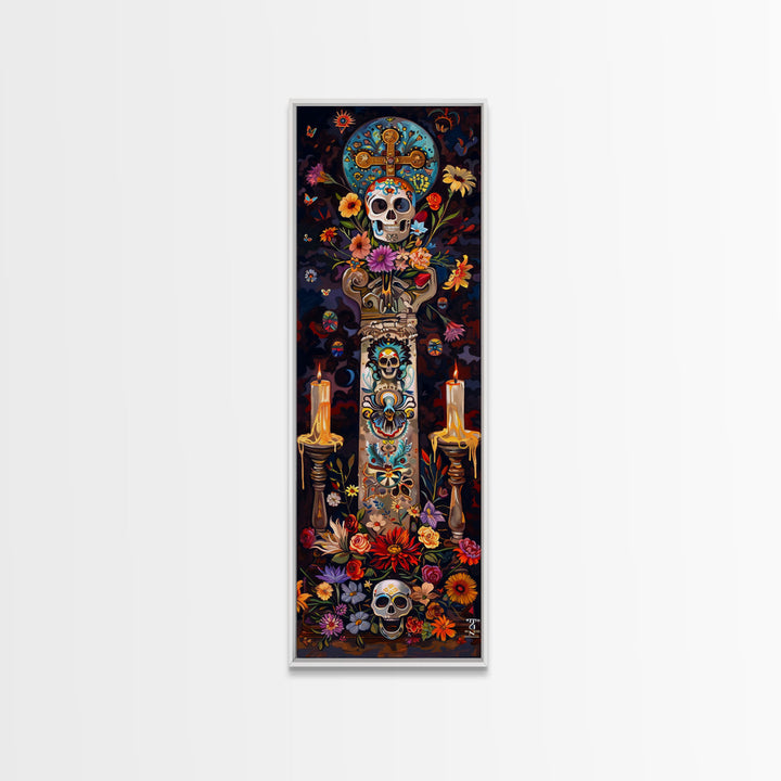 Dia De Los Muertos Sugar Skull Canvas Painting, Gothic Wall Art Print, Skinny Framed Canvas Art, Colorful Day of The Dead Poster Art