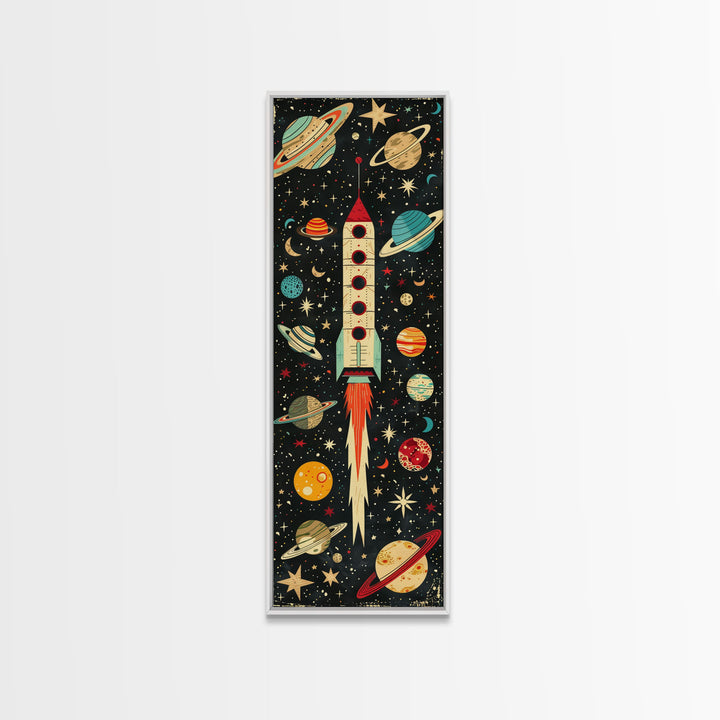 Space Exploration Art with Planets - Framed Canvas Print, Midcentury Modern Skinny Art, Tall Wall Art for Living Room or Bedroom Decor