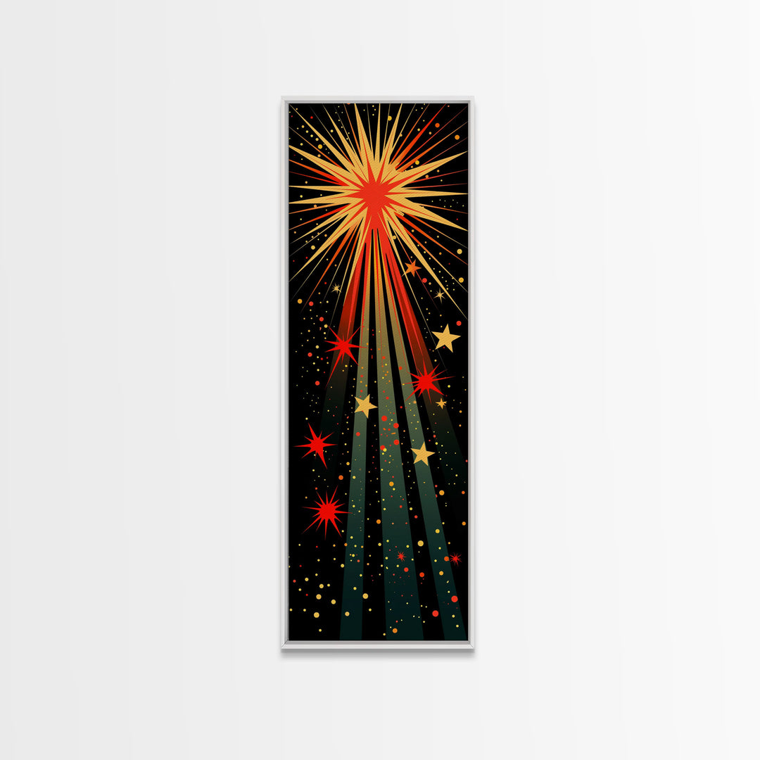 Starburst Explosion on Black Background - Framed Canvas Print, Boho Art, Midcentury Modern, Skinny Art, Tall Art, Bedroom Wall Art, Minimalist Art