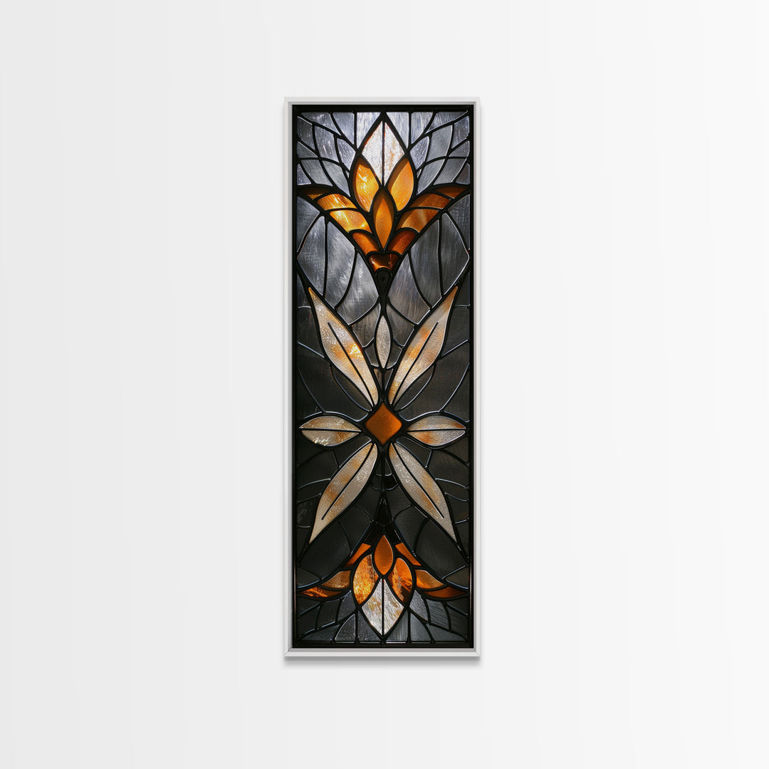 Amber and White Stained Glass Floral Design - Framed Canvas Print, Midcentury Modern Art, Skinny Art, Tall Art, Living Room Wall Decor, Boho Art