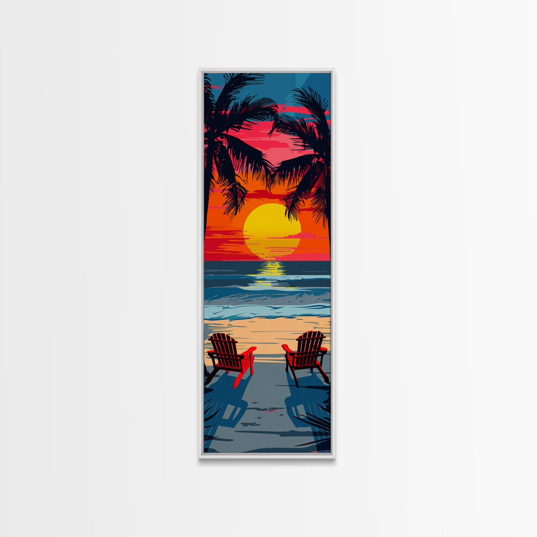 Sunset Beach Chairs Midcentury Modern Wall Art - Framed Canvas Print, Boho Art, Skinny Art, Living Room Art, Bedroom Decor, Tropical Landscape