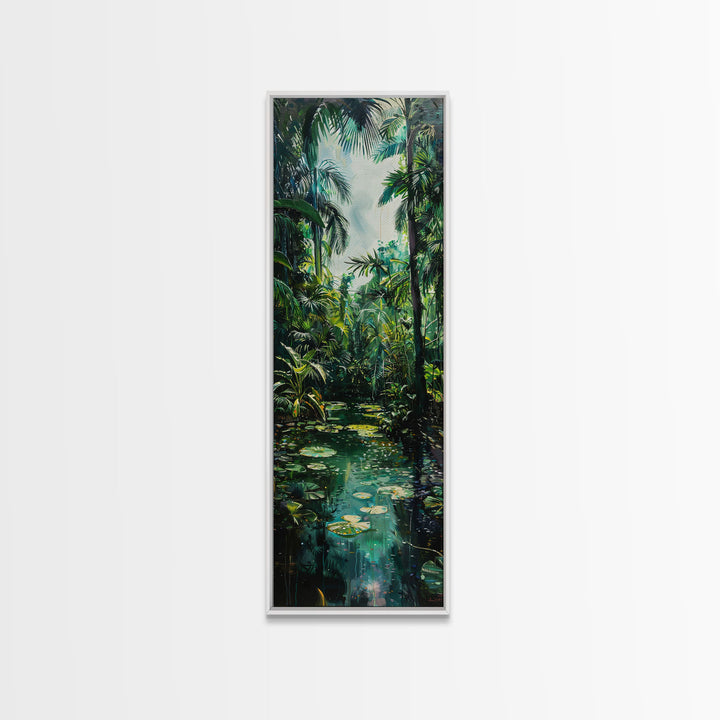 Tropical Island Paradise Scene With Mountain Reflections Skinny Art Framed Canvas Print For Living Room Or Bedroom Wall Art